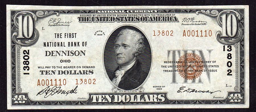Dennison. Ohio, 1929T2 $10, Ch.#13802, First National Bank, Ch.XF